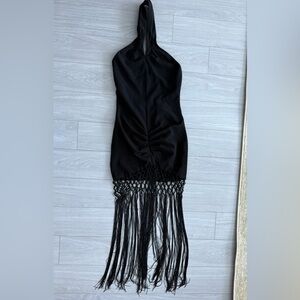 NBD Black Halter Mini Dress with Fringe